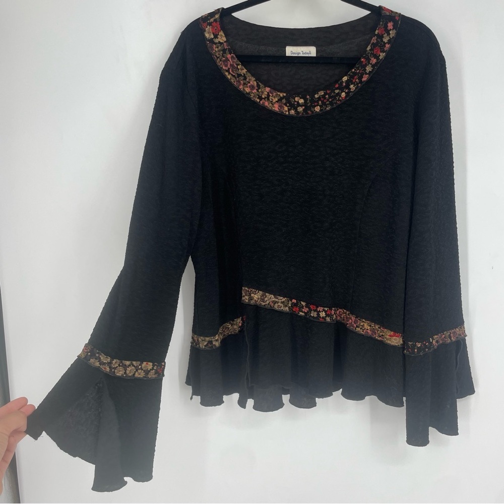 Vintage 90s Design Todays Black Sheer Angel Sleeve Floral Top Whimsigoth Witchy